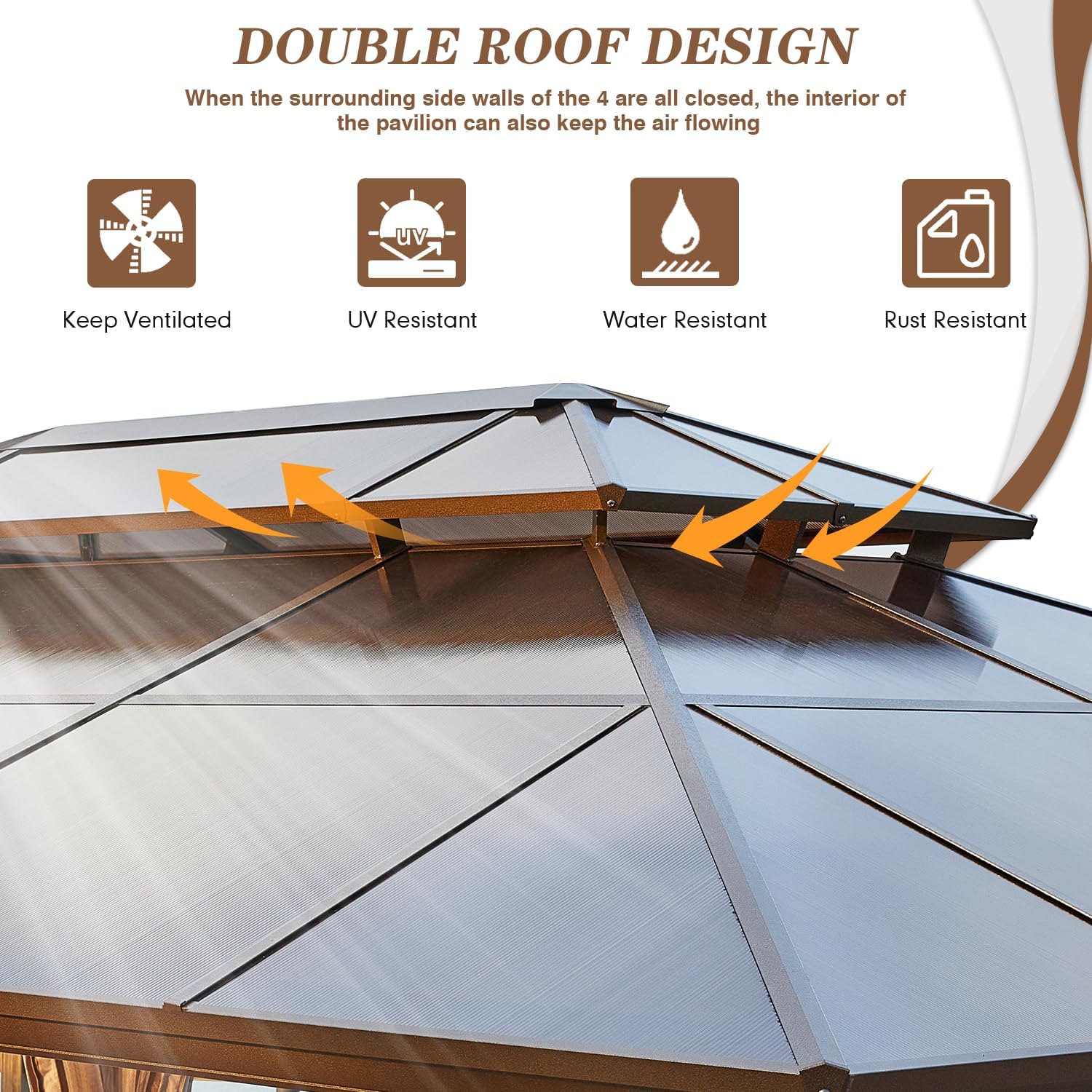 EROMMY 12'x16' Gazebo Polycarbonate Double Roof Pavilion Gazebo Outdoor Aluminum Frame Canopy with Netting and Curtains for Garden Patio Lawns Parties