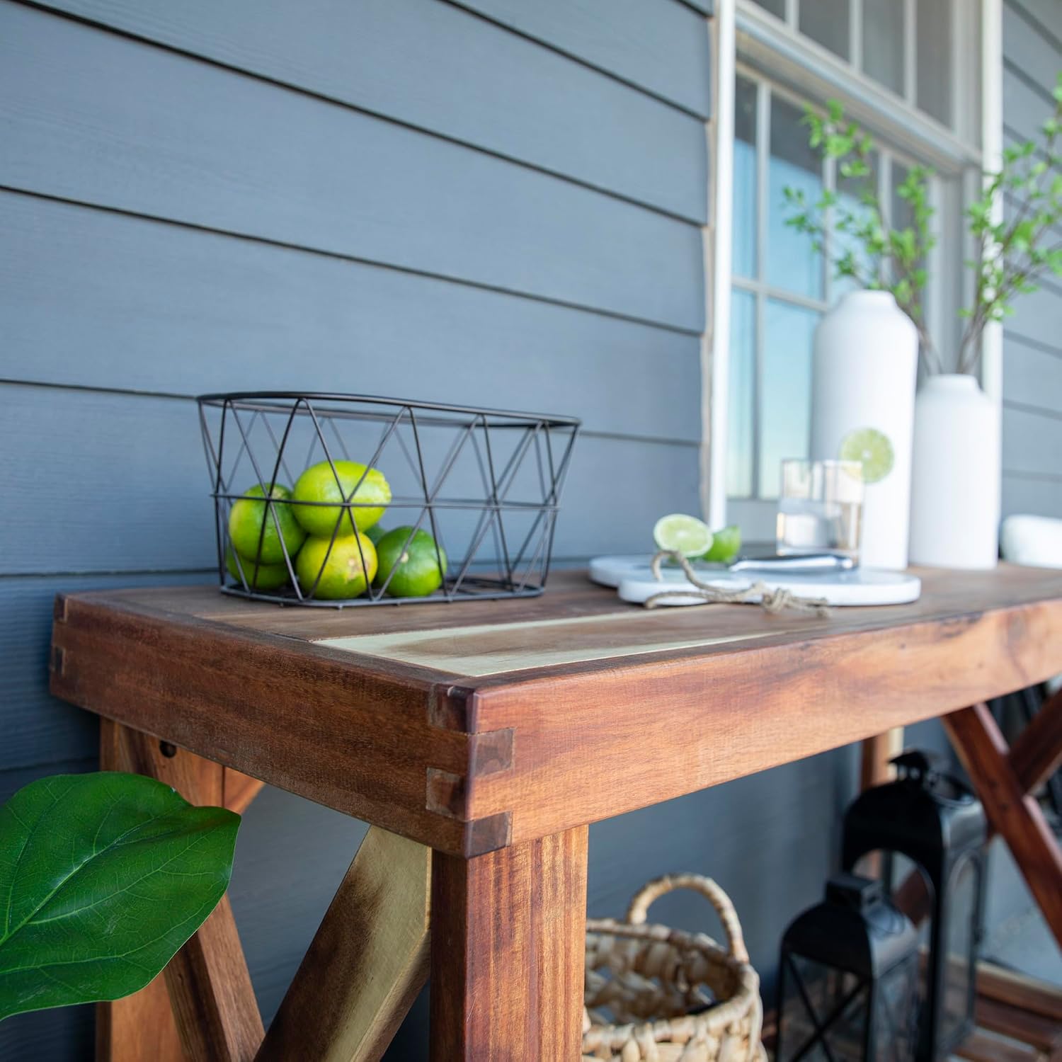 Backyard Discovery 48' Acacia Wood Farmhouse Narrow Console Table with Lower Slat Storage Shelf, Water-Resistant Design for Patio, Deck, Entryway, Living Room, Sofa Table, Indoor or Outdoor Use