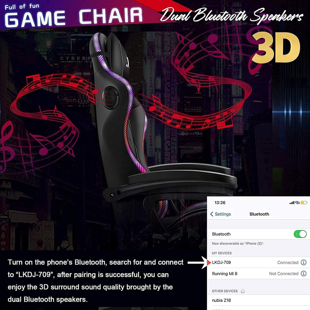 Ergonomic Pro Gaming Chair with Full Massage Lumbar Support, Bluetooth Speakers, Adjustable Backrest - Blue