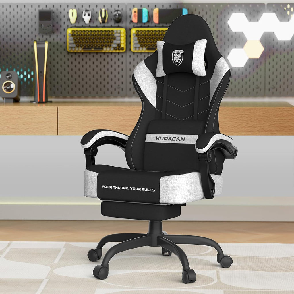 Ferghana Cotton Fabric Gaming Chair with Wider Seat Cushion, Shield-Shaped Embroidery Ergonomic High Back Game Chair with Footrest, Computer Chair with Massage Lumbar Support for Adult, Black/White
