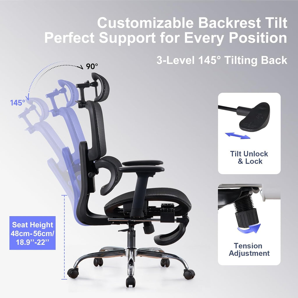 Office Chair with Footrest, Ergonomic Chair with 3D Headrest, Computer Chair with Adjustable Backrest & 3D Armrest, Gaming Chair with Adaptive Lumbar Support, Mesh Backrest & Cushion, Black