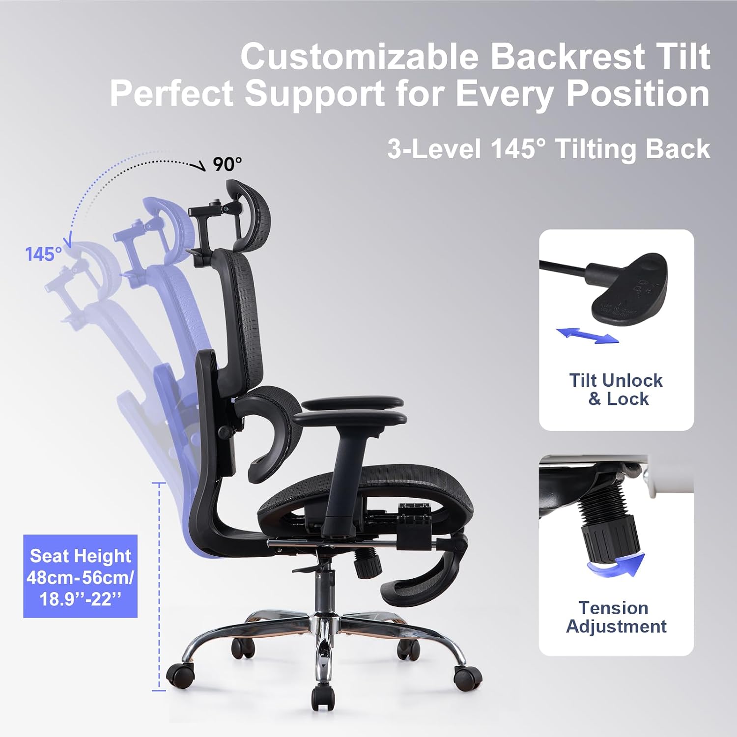 Office Chair with Footrest, Ergonomic Chair with 3D Headrest, Computer Chair with Adjustable Backrest & 3D Armrest, Gaming Chair with Adaptive Lumbar Support, Mesh Backrest & Cushion, Black