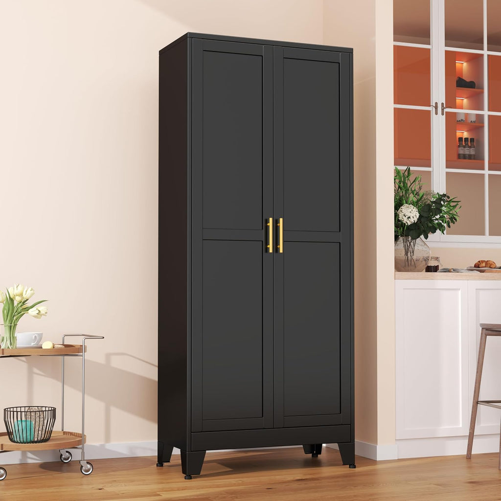 pozdeg 75' Tall Pantry Cabinet, Metal Kitchen Storage Cabinet with 2 Doors and 5 Adjustable Shelves, White Storage Cabinet Cupboard for Kitchen, Dining Room, Living Room and Bathroom (Black)