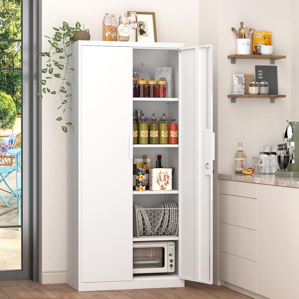 GREATMEET Garage Storage Cabinets, Metal Storage Cabinet with 2 Doors and Shelves, 71' H Metal Pantry, Lockable Storage Cabinets, Tool Storage Utility Cabinet for Office, White