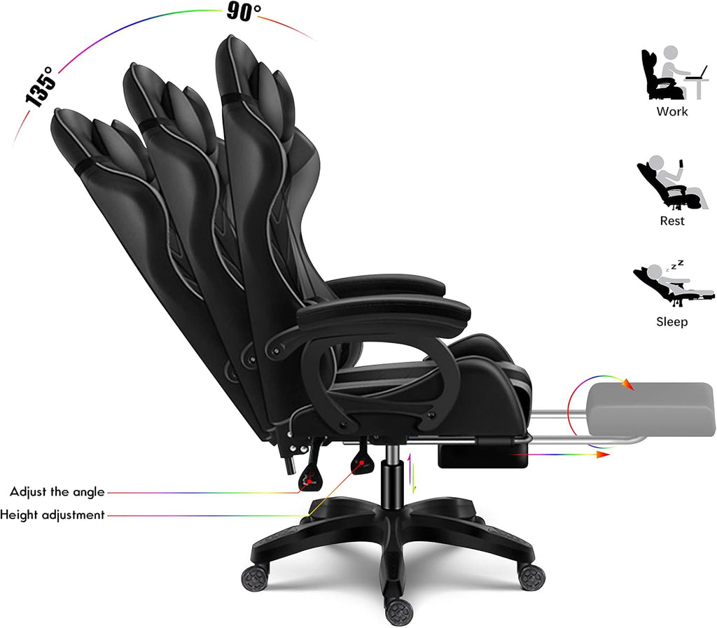Ergonomic Pro Gaming Chair with LED Lights and Speakers, Video Game Chair with Massage and Footrest, High Back Computer Chair with Lumbar Support and Headrest, Adjustable Height, for Adult Teens.,Bla