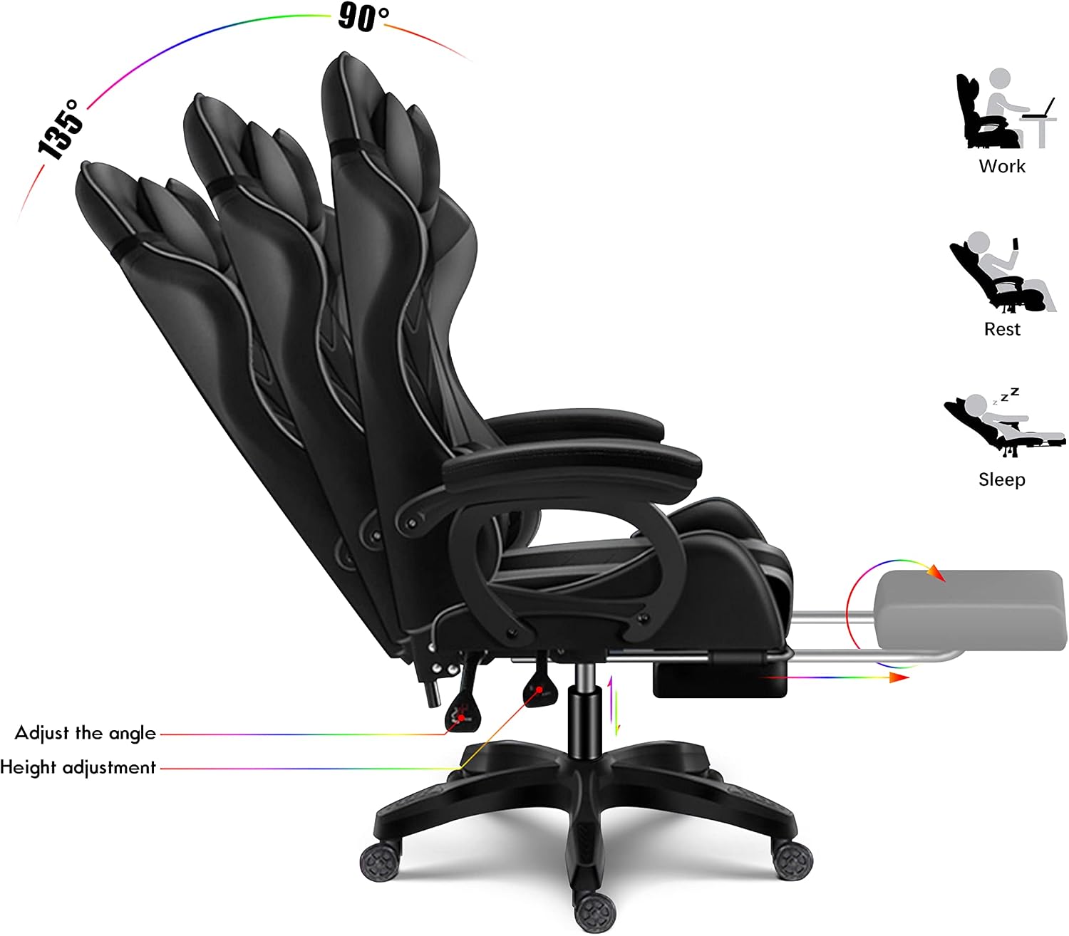 Ergonomic Pro Gaming Chair with LED Lights and Speakers, Video Game Chair with Massage and Footrest, High Back Computer Chair with Lumbar Support and Headrest, Adjustable Height, for Adult Teens.,Bla