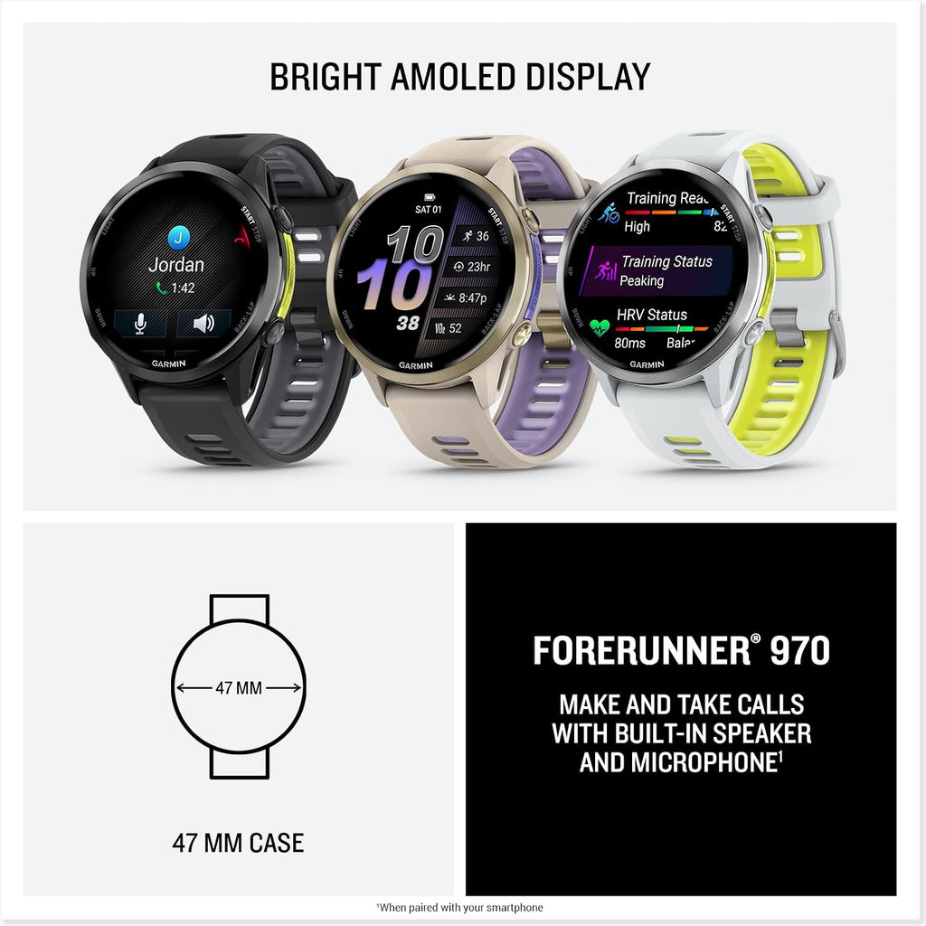Garmin Forerunner 970 GPS Running Smartwatch, French Gray | Premium Training & Recovery, Sleep Coach, Heart Rate, Download Music, Up to 15 Day Battery | Signature Series Charging Stand Bundle