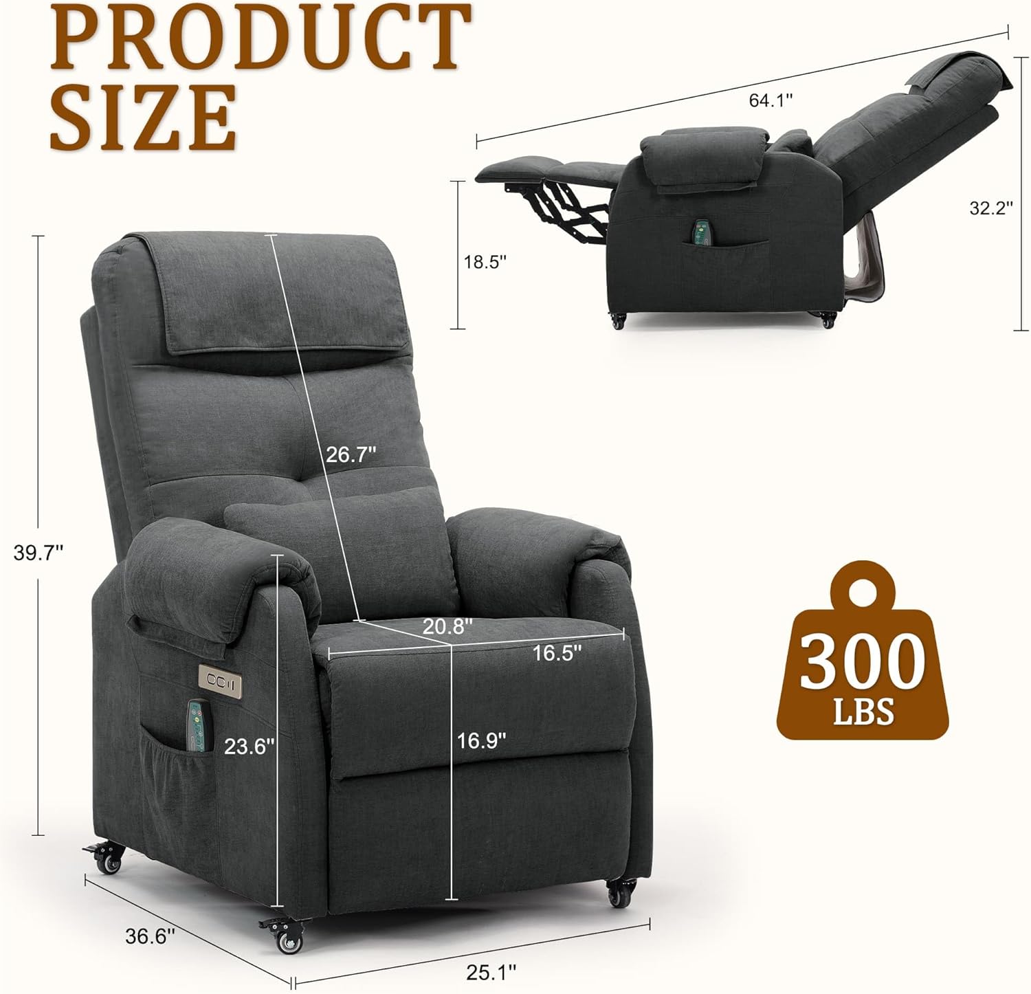 Korser Power Recliner Chair for Adults, Recliner for Small Spaces with Rollers, Electric Chair with Massage and Heat, USB and Type-C Charge Port, Fabric Recliner Chair for Living Room, Bedroom