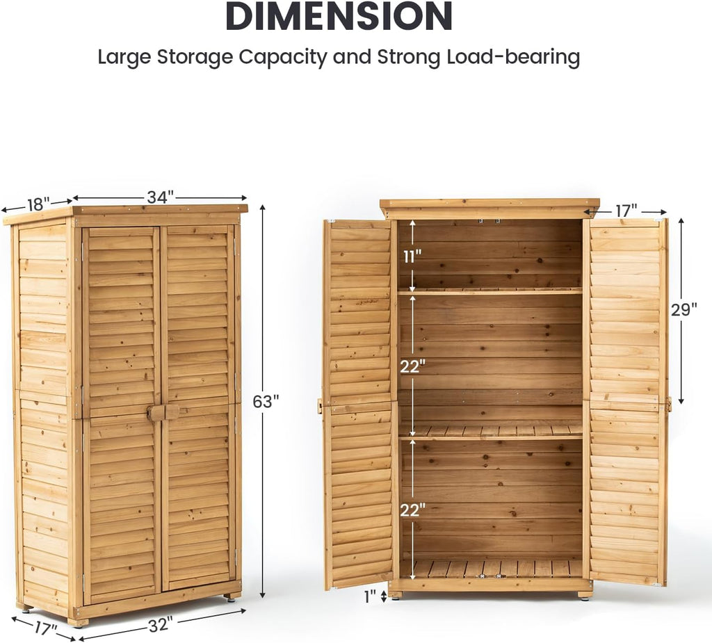 TAKUKA Outdoor Storage Cabinet with 3 Shelves, Wooden Garden Shed with Double Doors& Waterproof Roof, Outside Utility Tall Tool Organizer for Garden Farm Backyard