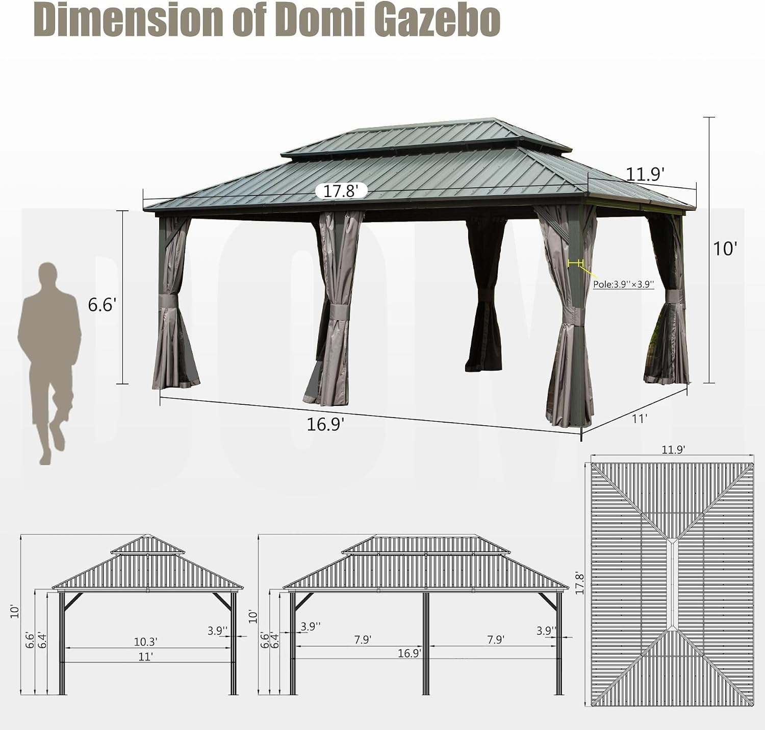 Domi 12x18FT Outdoor Gazebo, Patio Gazebo with Galvanized Steel, Hardtop Gazbo for Patio, Deck, Backyard, Curtain and Netting Included