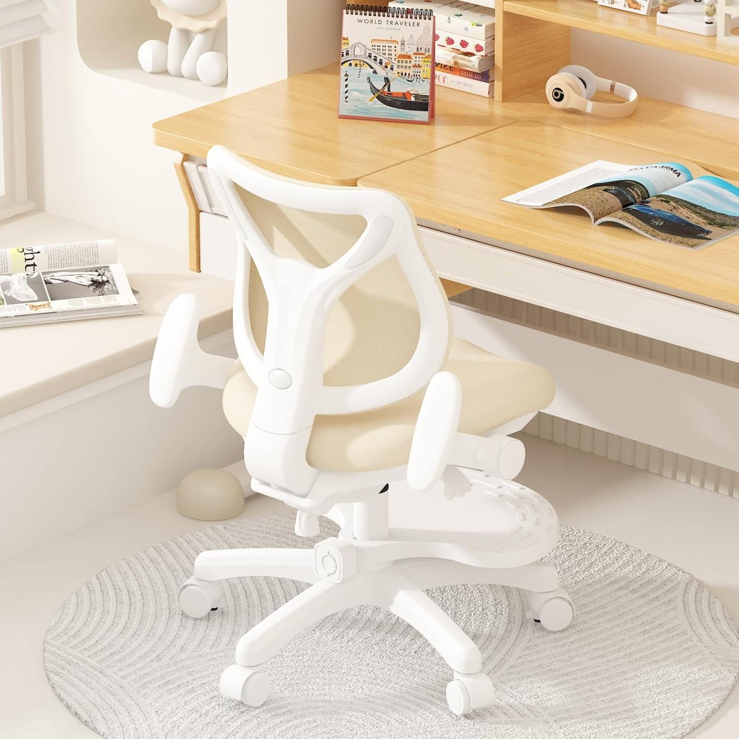 Desk Chair, Ergonomic Study Chair for Kids with Lumbar Support and Footrest, Adjustable Height, Flip-Up Armrests, Mesh Student Chair with Adjustable backrest, Model Deer (Beige)