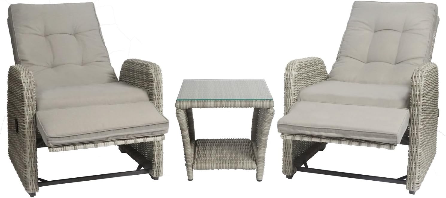 Elle Decor Vallauris Patio Outdoor Furniture Collection, Premium All Weather Wicker, 3 Piece Reclining Set, Gray