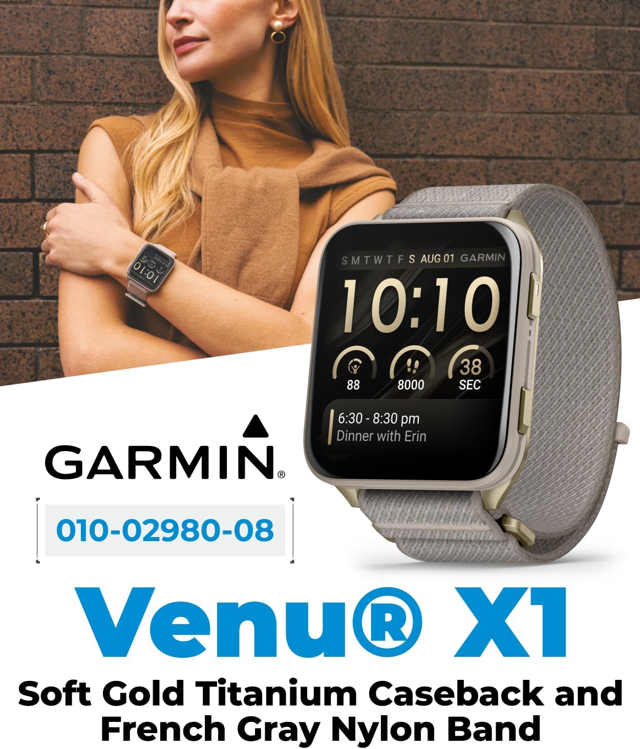 Garmin Venu X1 Thin and Lightweight GPS Smartwatch, AMOLED Display, Advanced Health & Fitness Features, Soft Gold w/Titanium Caseback & French Gray Nylon Band Black Earbuds Bundle