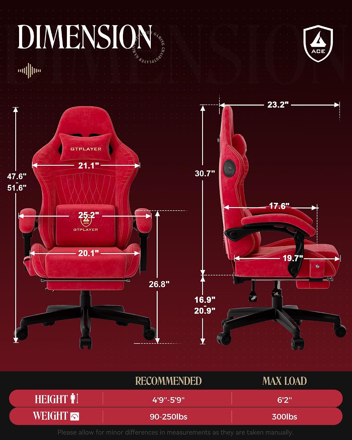 GTPLAYER Gaming Chair with Speakers, Video Game Chairs with Footrest, PC Gamer Chairs for Adults - Padded High Back Ergonomic Reclining Silla Gamer, Linkage Armrest, Ace Pro, Cherry Red（Velvet）