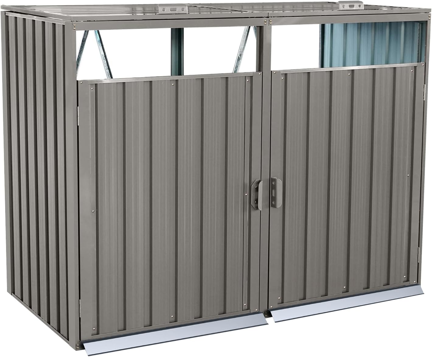 Outdoor Trash Can Storage, Storage Shed for 2 Trash cans and Tools,Waterproof Garbage Bin shed,Metal Trash Can Storage Shed Outdoor for Garden Yard(Light Grey-2 Doors)