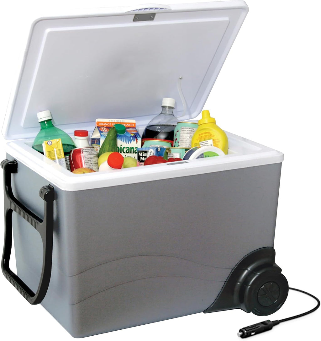 Koolatron Thermoelectric Iceless 12V Cooler/Warmer 36 qt (34 L) w/Wheels, Portable Electric Rolling Car Fridge w/ 12 Volt DC Power Cord, Gray/White, Travel Road Trips Camping, Made in North America