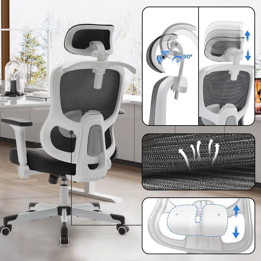 Ergonomic Office Chair Reclining Gaming Chair Adjustable Lumbar Support 6D Armrest Headrest Breathable Mesh Swivel Computer Chairs Home Task Desk Chair Wheels Coat Hanger Tilt Lock Cross Legged Chair