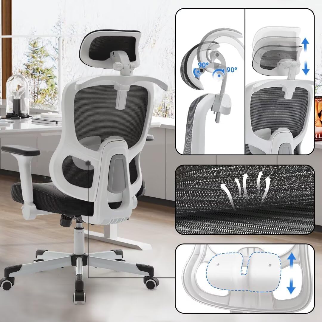 Ergonomic Office Chair Reclining Gaming Chair Adjustable Lumbar Support 6D Armrest Headrest Breathable Mesh Swivel Computer Chairs Home Task Desk Chair Wheels Coat Hanger Tilt Lock Cross Legged Chair