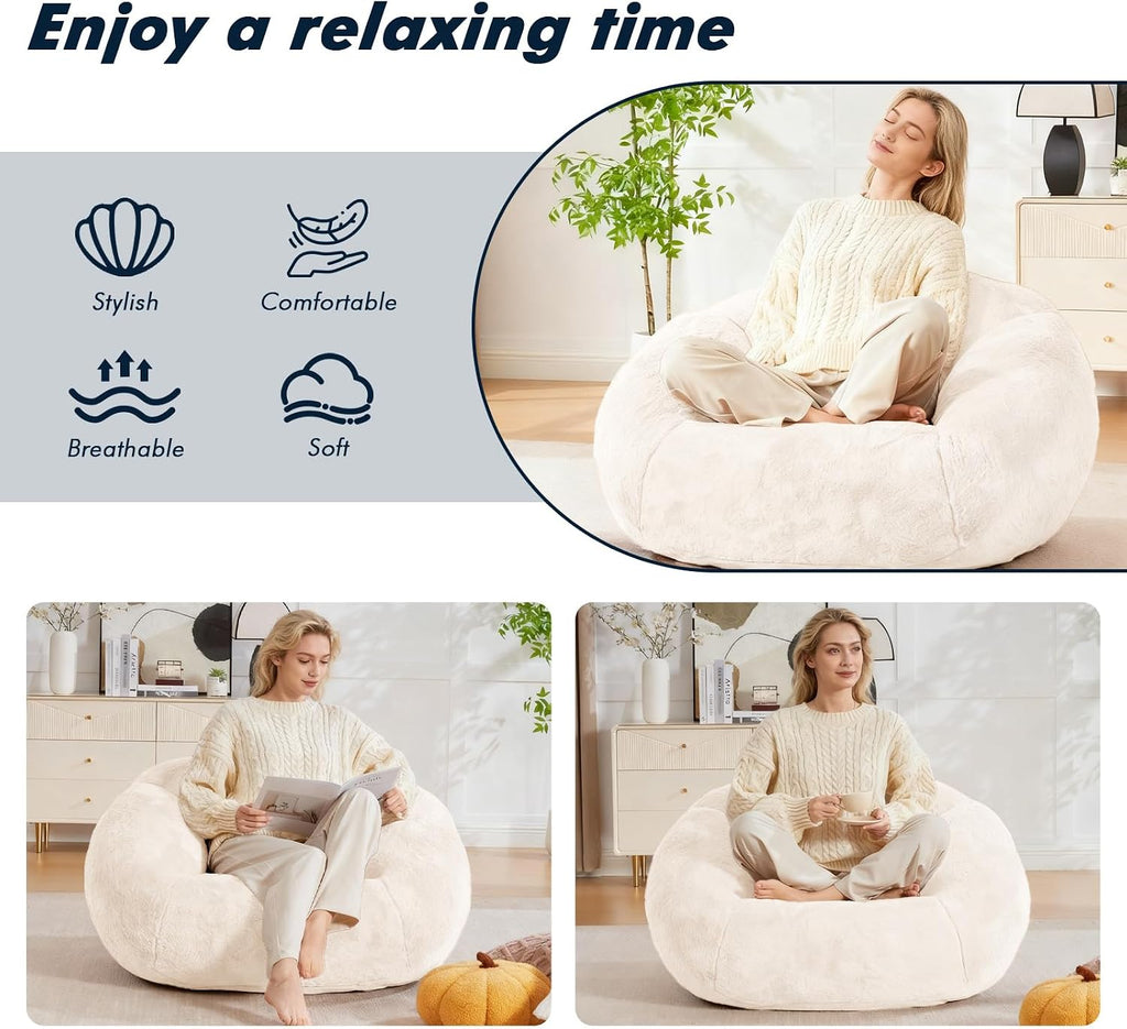 3.28 Feet Bean Bag Chair for Adults, Shell-Shaped Bean Bag Lazy Couch, Faux Fur Cloud Sofa Chair, Lounge Floor Sofa with Filler for Reading, Gaming & Watching, No Assembly Required (Beige)