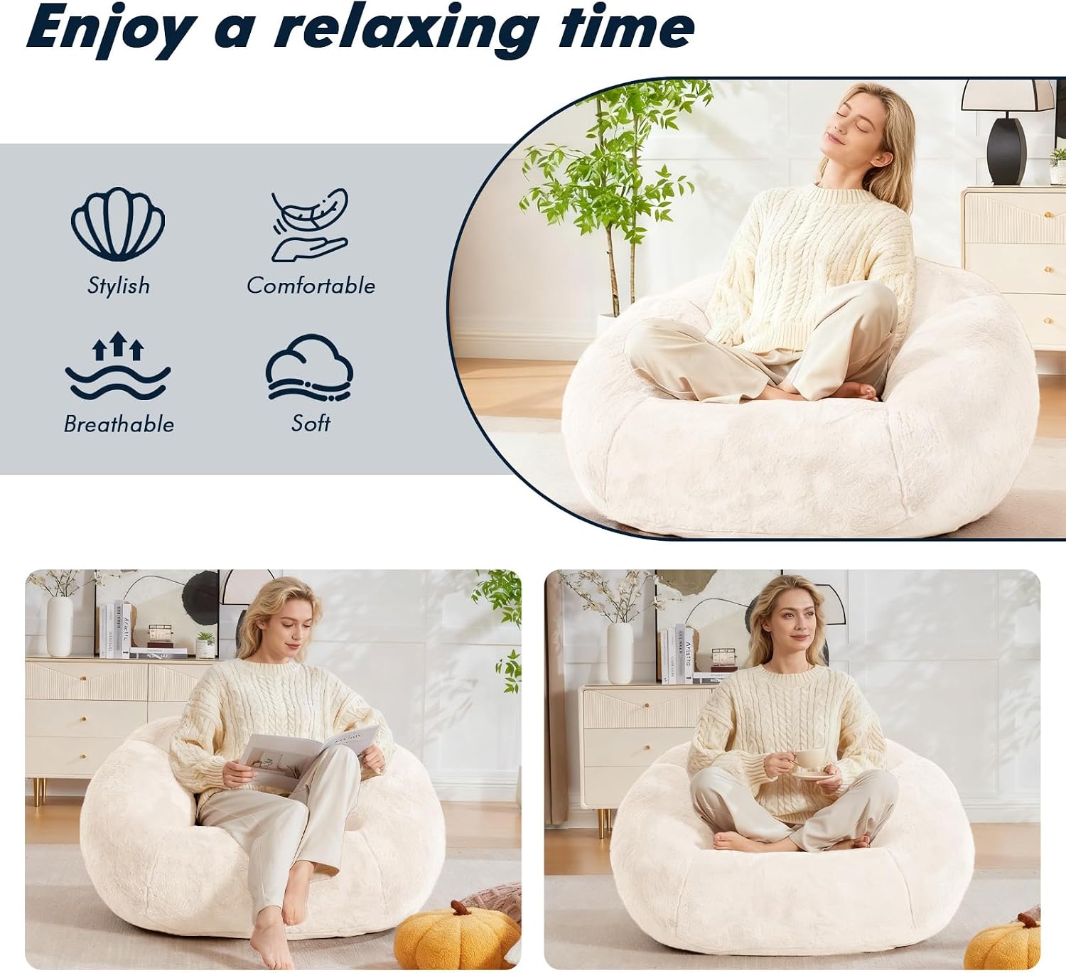 3.28 Feet Bean Bag Chair for Adults, Shell-Shaped Bean Bag Lazy Couch, Faux Fur Cloud Sofa Chair, Lounge Floor Sofa with Filler for Reading, Gaming & Watching, No Assembly Required (Beige)