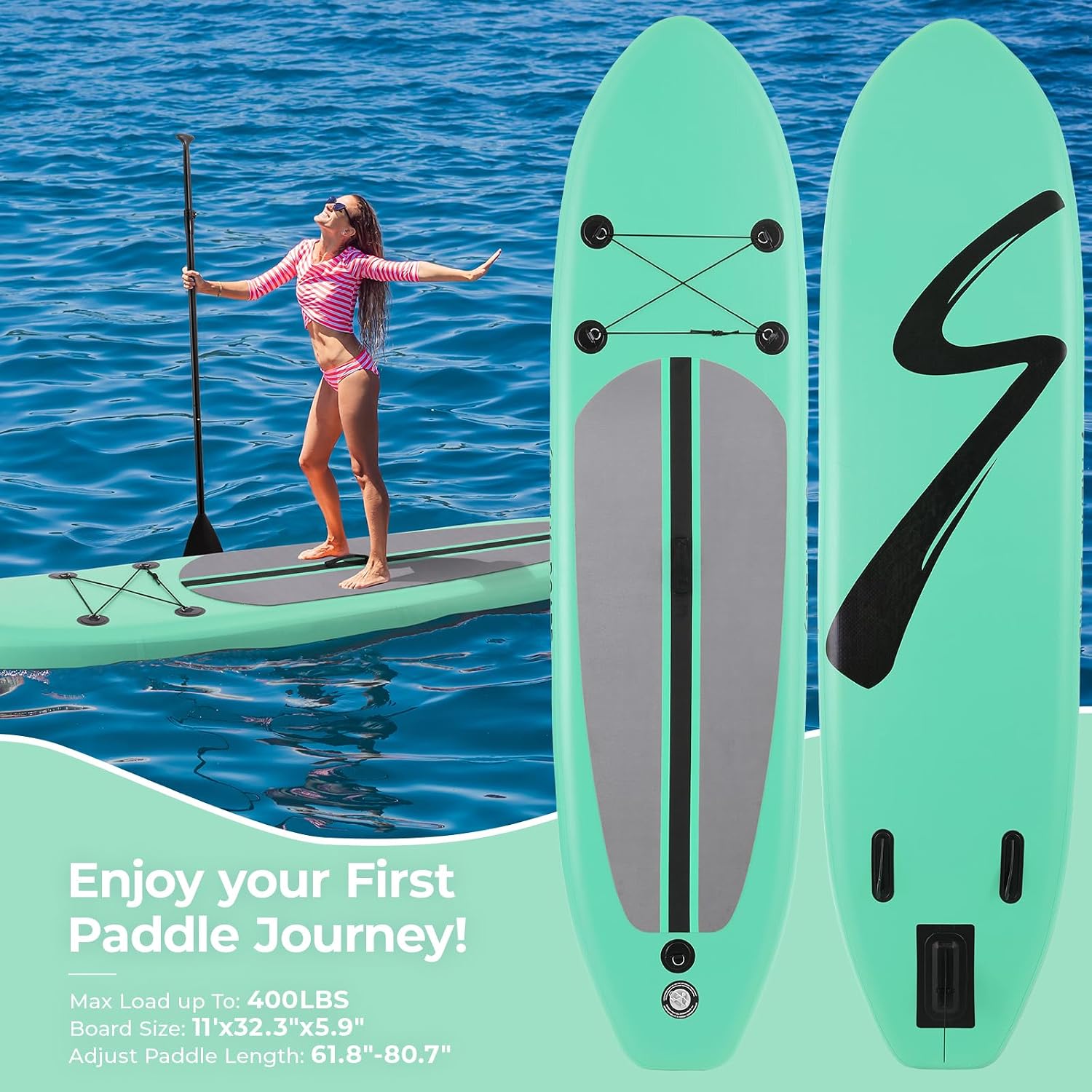 TLSUNNY 11FT Inflatable Stand Up Paddle Board, 3 Fins Paddleboard with Full SUP Accessories for All Skill Levels, Portable Two-Way Hand Pump and Carry Bag, 400LBS
