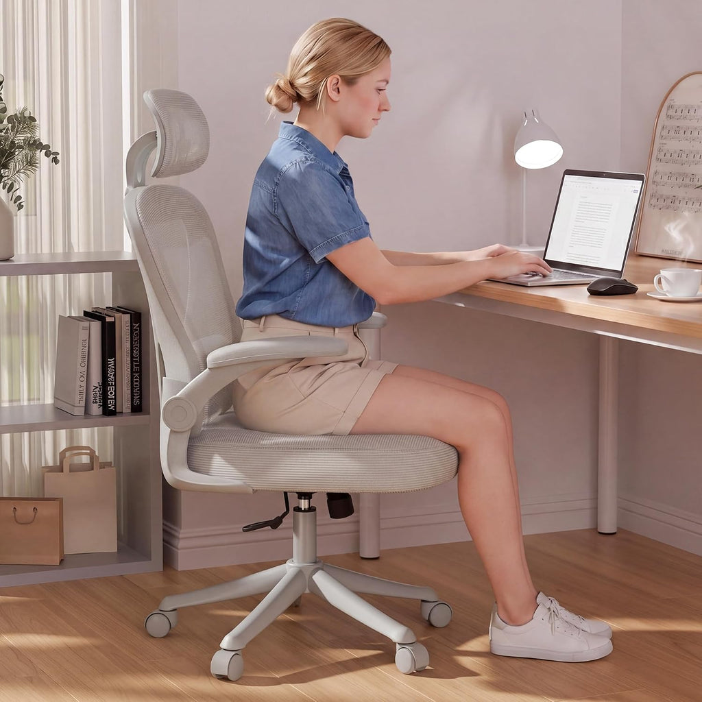 SeekFancy Ergonomic Office Chair M903, Computer Desk Chair with Wheels, High Back Mesh Office Chair with Adjustable Lumbar Support, Headrest, Flip-Up Armrests, All Grey
