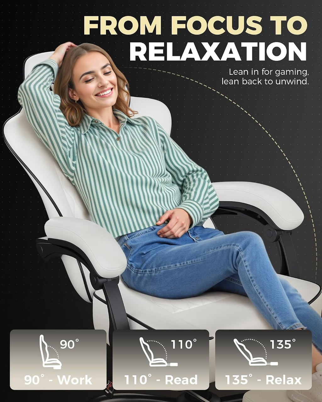 GTPLAYER Big and Tall Gaming Chair with Footrest, Ergonomic Office Desk Chair with 4.4in Thick Cushion and Wide Wingless Seat, Comfortable Leather Computer Chair, Predator Series, White