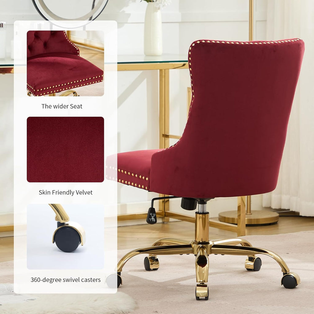 Velvet Home Office Chair with Wheels & Gold Base, Cute Makeup Vanity Chair with Tufted Back for Bedroom, Upholstered Adjustable Swivel Comfy Desk Chair for Girls Women, Burgundy