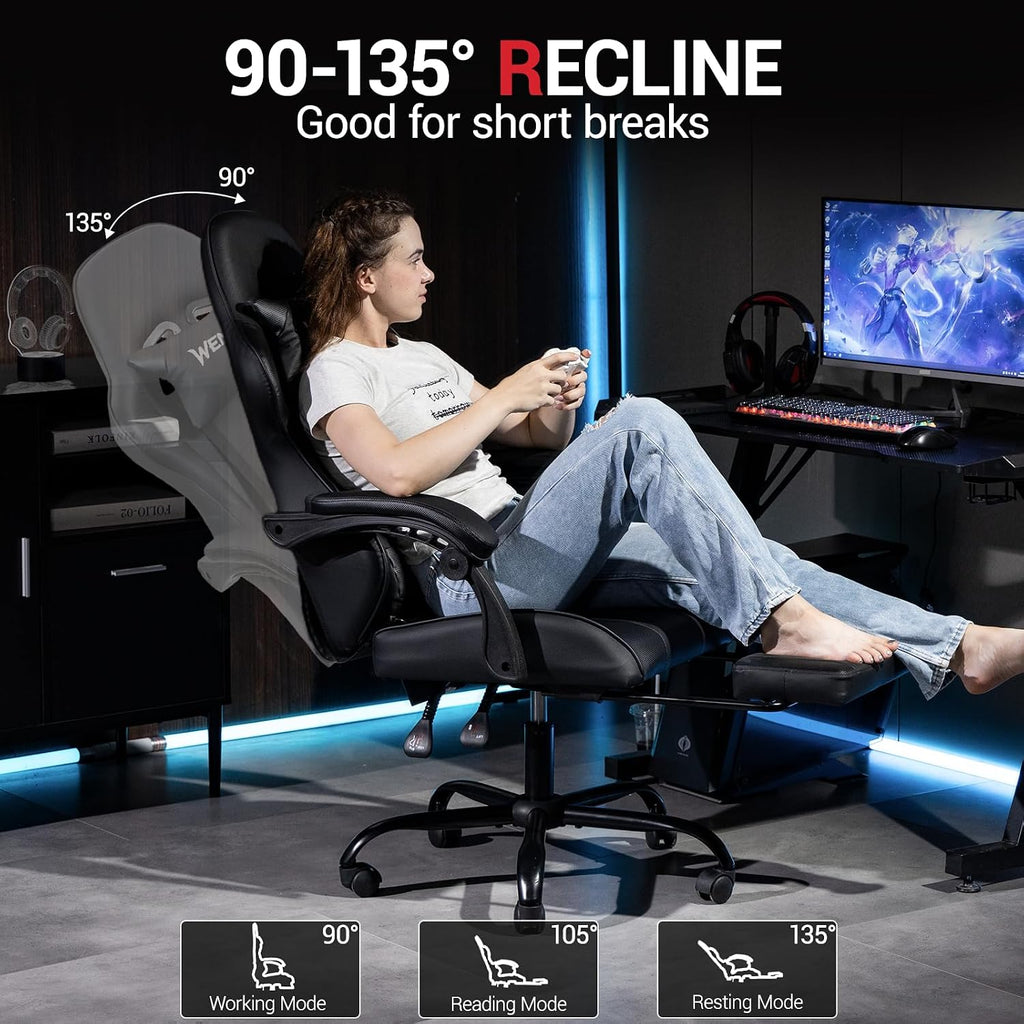 Gaming Chair, Video Game Chair with Footrest and Massage Lumbar Support, Height Adjustable Ergonomic Computer Chair with Swivel Seat and Headrest for Home Office Gaming, Black