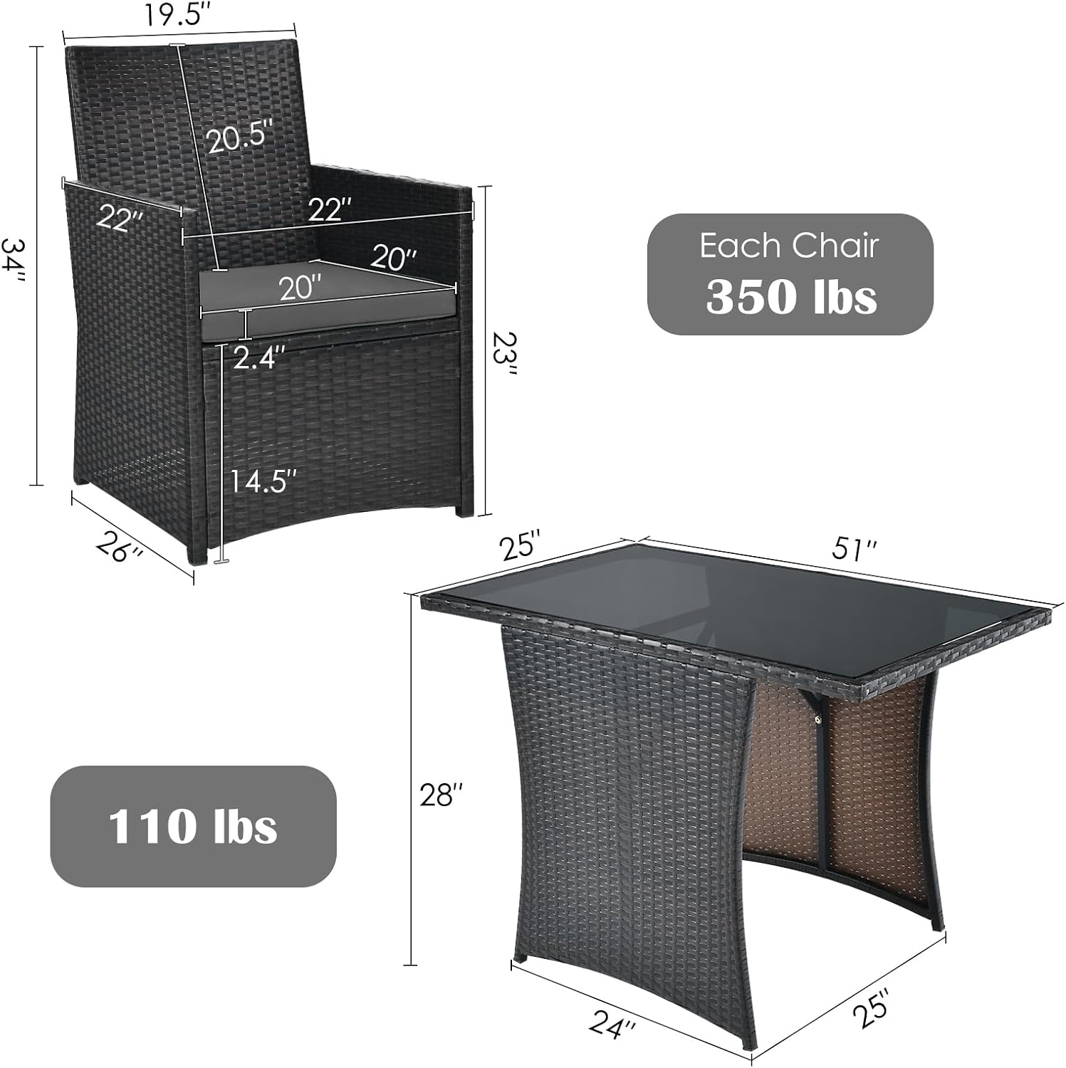 DORTALA Wicker Patio Bistro Set 3 Piece, Outdoor Table and Chairs with Tempered Glass Tabletop, Cushions, Small Rattan Furniture Conversation Sofa Set for Balcony, Porch, Backyard, Deck, Grey