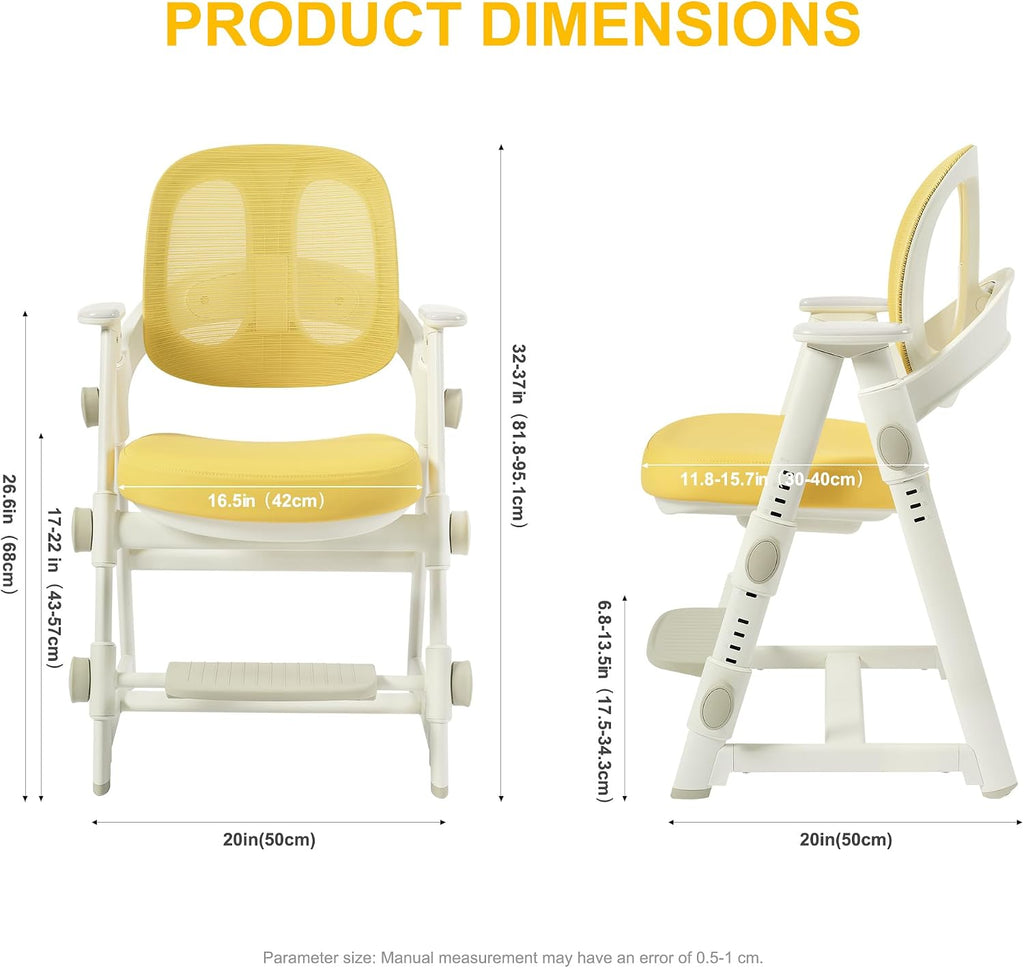 Ergonomic Kids' Study Chair, Height Adjustable Kids Desk Chair for Boys Girls,Comfortable for Teenagers Playing, Drawing, Ideal Gift for Children,Students（Yellow）