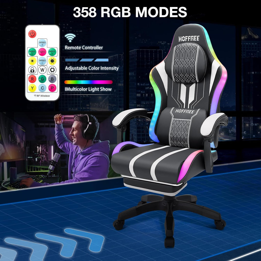 HOFFREE LED Gaming Chair with Speakers Massage Big and Tall Computer Chair with RGB Lights Bluetooth Game Chair with Footrest High Back Gaming Chairs for Adults 400lbs White and Black