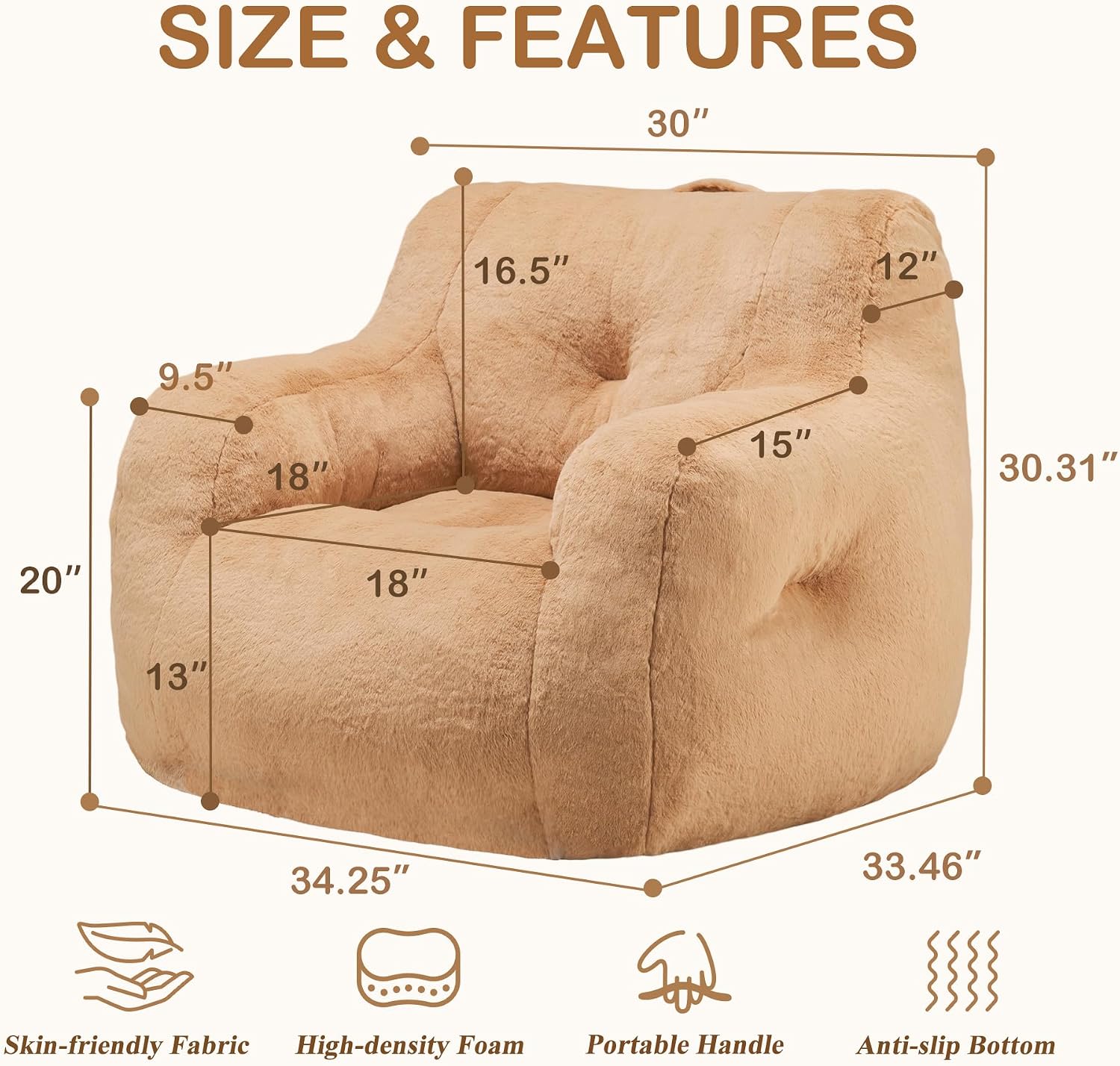 Hobestluk Bean Bag Chair for Adult Small Bean Bag Chairs with Arms Furry Beanbag Chair with Foam Filler Stuffed Bean Bag Sofa for Reading in Bedroom Living Room and Dorms(Khaki)