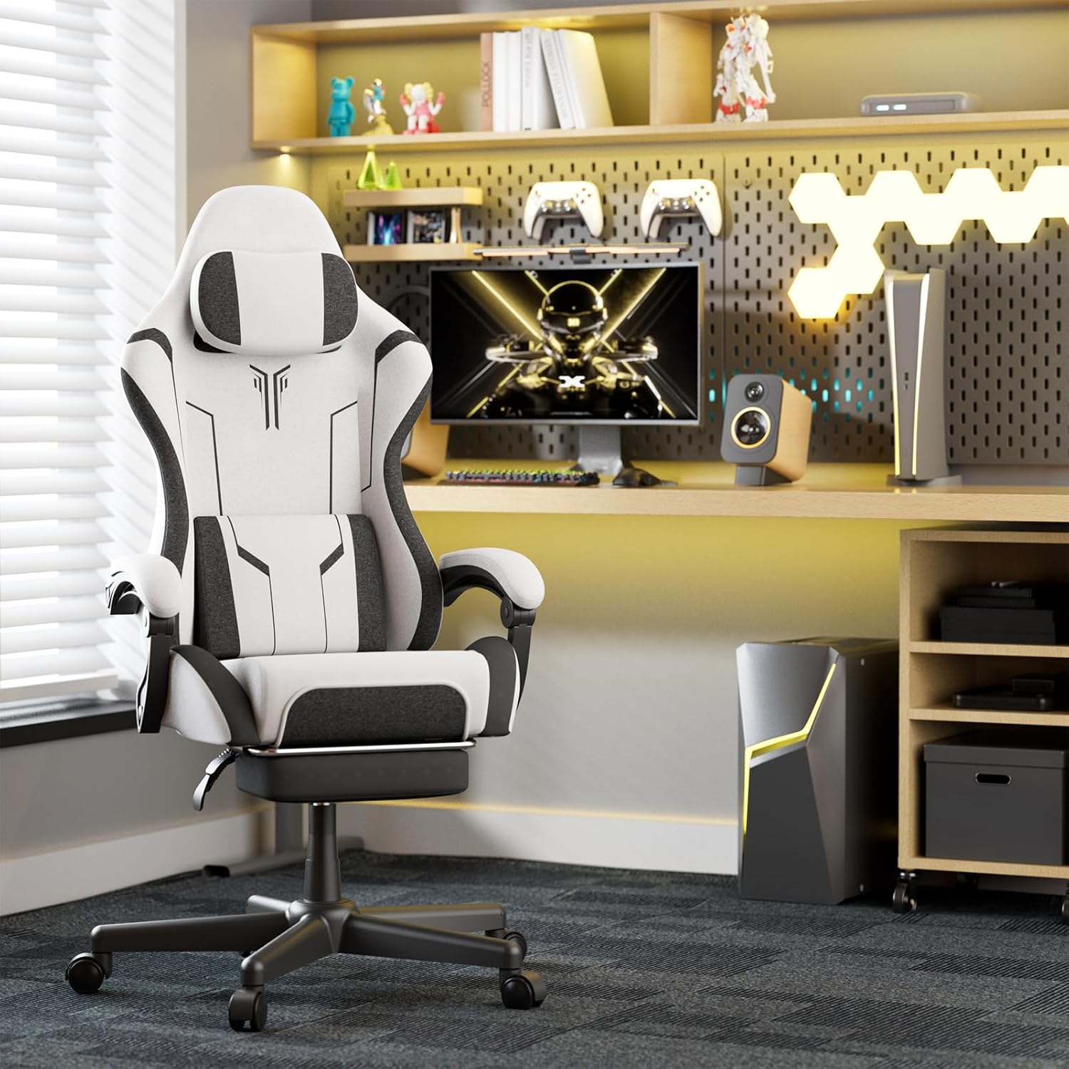 Soontrans White Gaming Chair, Fabric Ergonomic Computer Chair with Footrest and Linkage Armrest for Adult, High Back Office Game Chair with Massage Lumbar Support