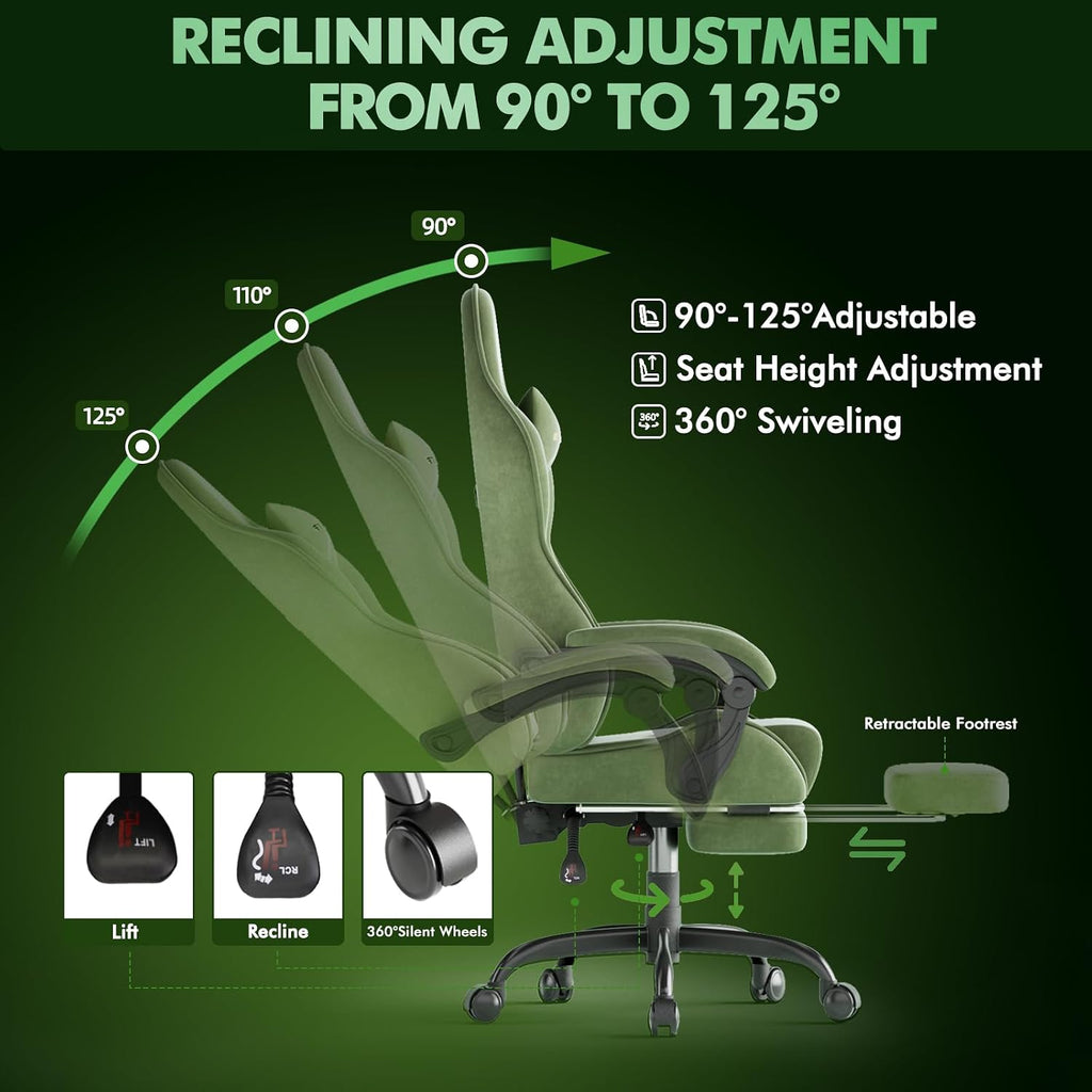 Soontrans Velvet Fabric Gaming Chair with Footrest, Comfortable Video Gamer Chair for Adult, Ergonomic Office Computer Desk Game Chairs with Massage Lumbar Cushion,Headrest