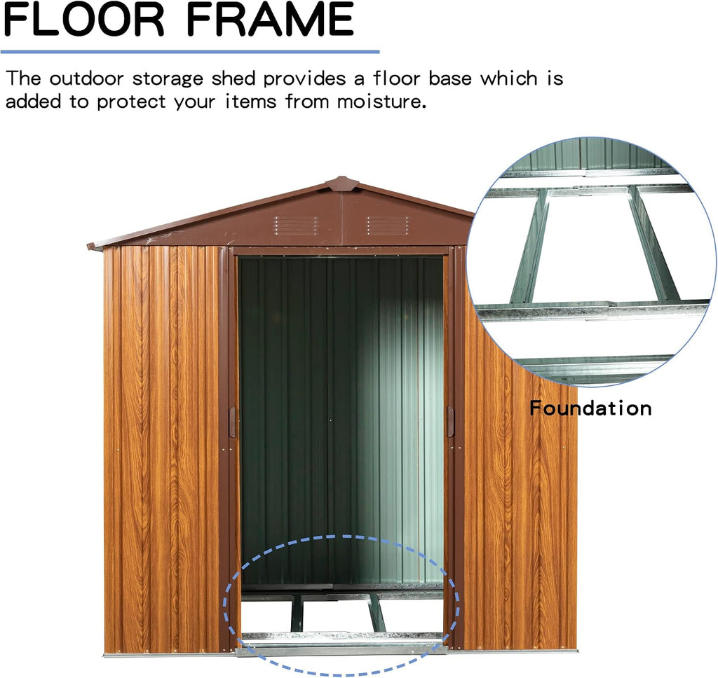 6 x 6 FT Outdoor Storage Shed, Metal Garden Shed with Floor Frame, Tool Shed Outdoor Storage with Lockable Sliding Doors & Air Vents, Storage House Waterproof for Backyard, Lawn, Coffee