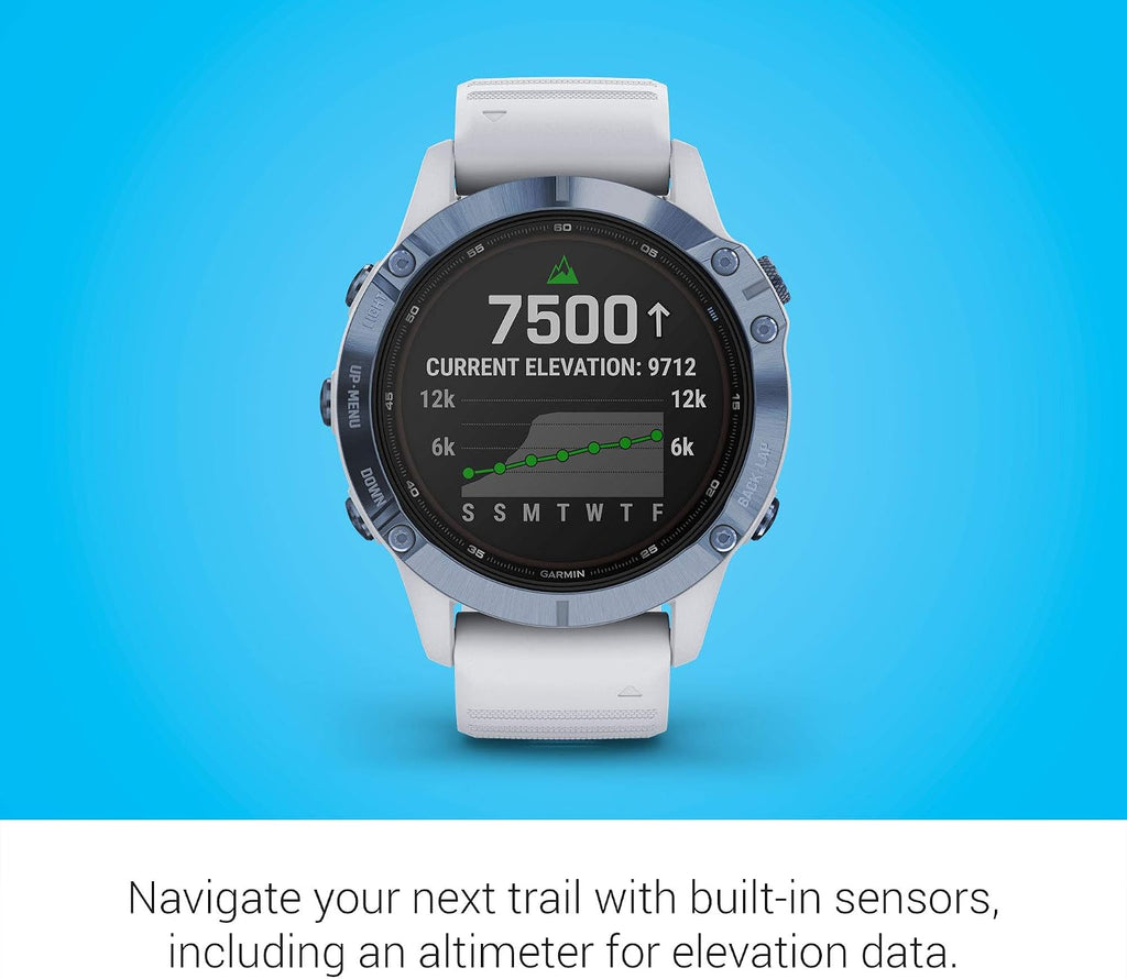 Garmin fenix 6 Pro Solar, Multisport GPS Watch with Solar Charging Capabilities, Advanced Training Features and Data, Mineral Blue with White Band (Renewed)