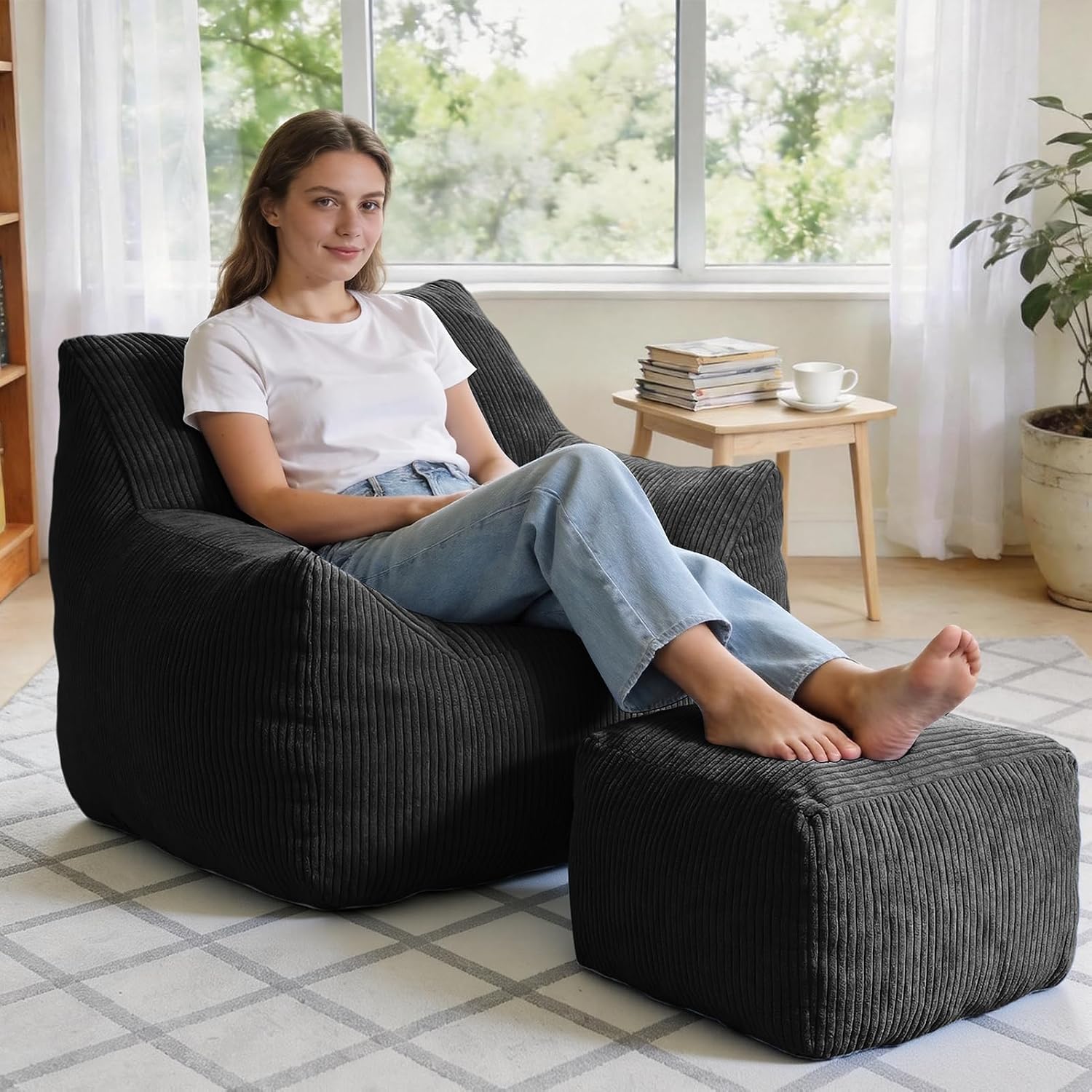 INMOZATA Memory Foam Bean Bag Chair with Ottoman, Oversized Plush Corduroy Cloud Couch, Beanbag Set for Adults & Teens, Comfy Lounge Sofa Gift for Bedroom, Dorm & Reading Nook (Black)