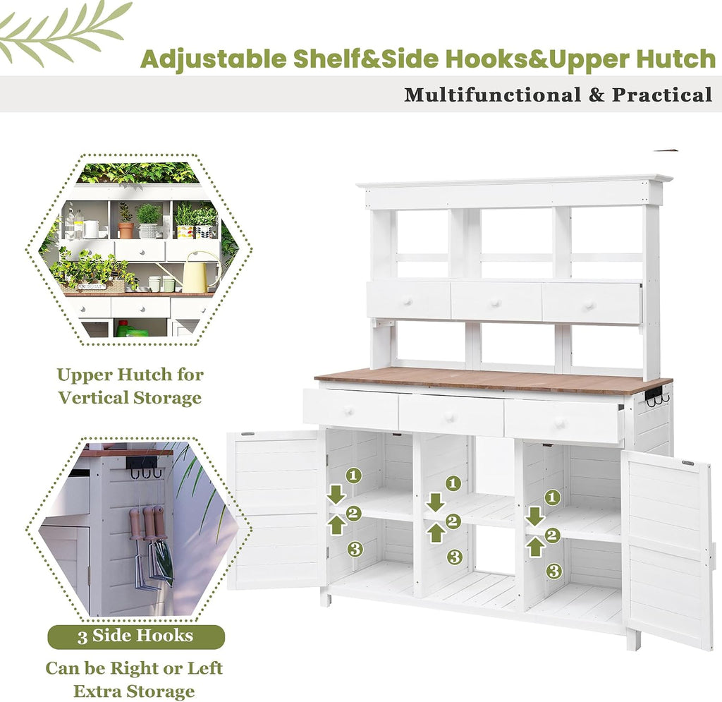 LUMISOL Outdoor Potting Bench Table with Hutch, Solid Fir Wood Patio Storage Workstation with 3 Shelves, 6 Drawers, 2 Bottom Cabinet and Side Hooks for Mudroom, Doorway, White