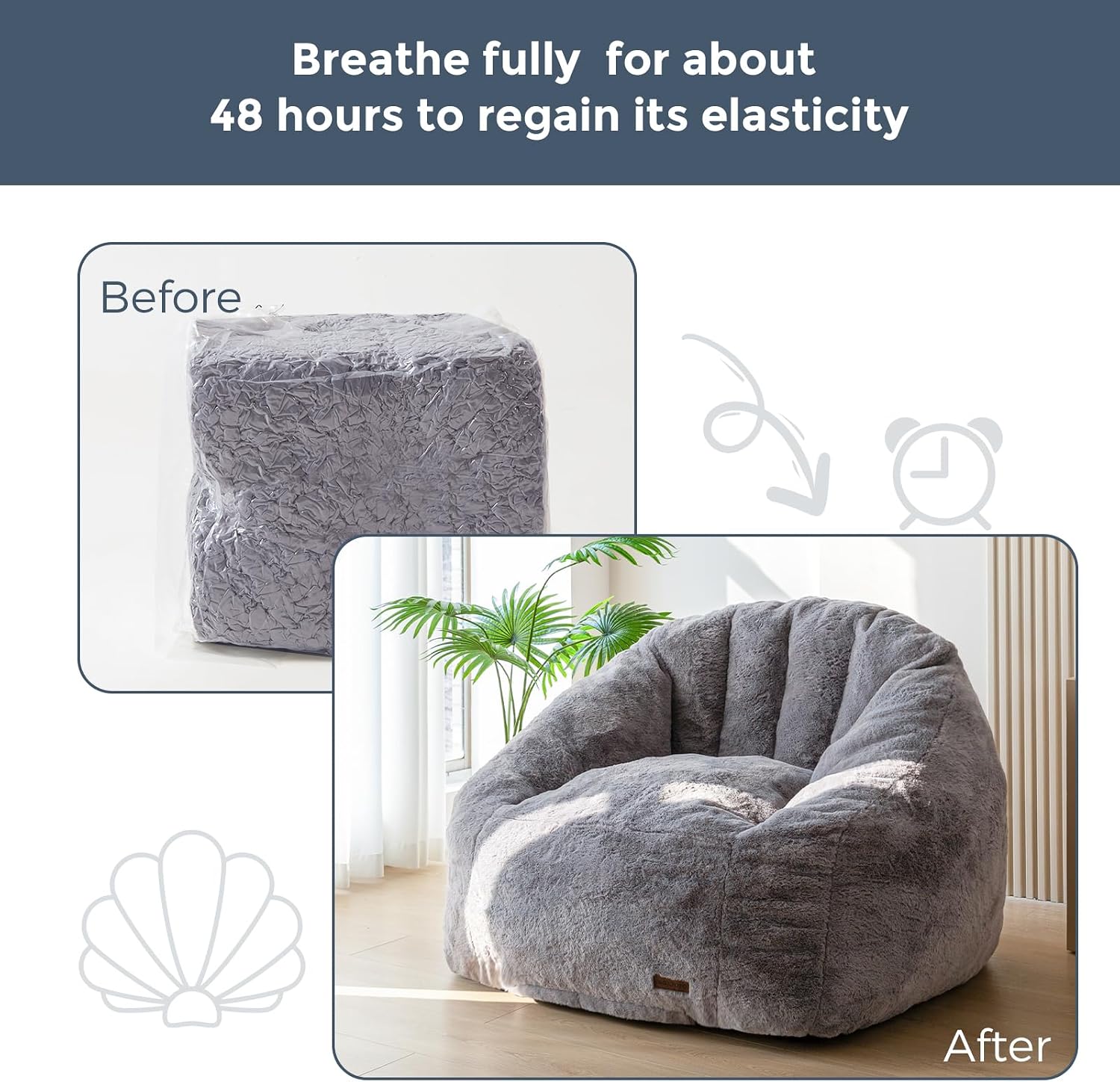 MAXYOYO Giant Bean Bag Chair, Oversized Bean Bag Couch for Adults and Kids, Faux Fur Shell-Shaped Large Chair with Filler, Stuffed Big Accent Sofa Lounge Floor Sofa for Reading, Dark Grey, Standard