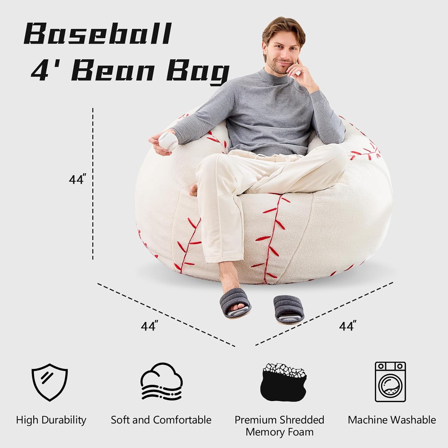 Sports Baseball Bean Bag Chair - Giant Bean Bag Chairs for Adults and Kids - Oversized Bean Bag Sofa Couch with Filler - Plush BeanBag Furniture for Living Room Bedroom Dorm Office - 44 Inch