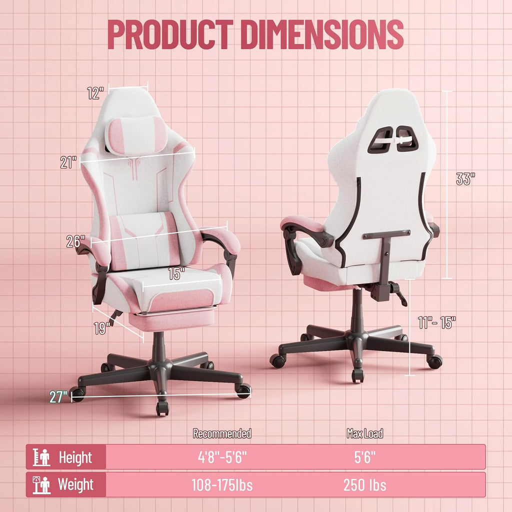 Soontrans Pink Gaming Chair Pink, Fabric Ergonomic Computer Chair with Footrest and Linkage Armrest for Adult, High Back Office Game Chair with Massage Lumbar Support