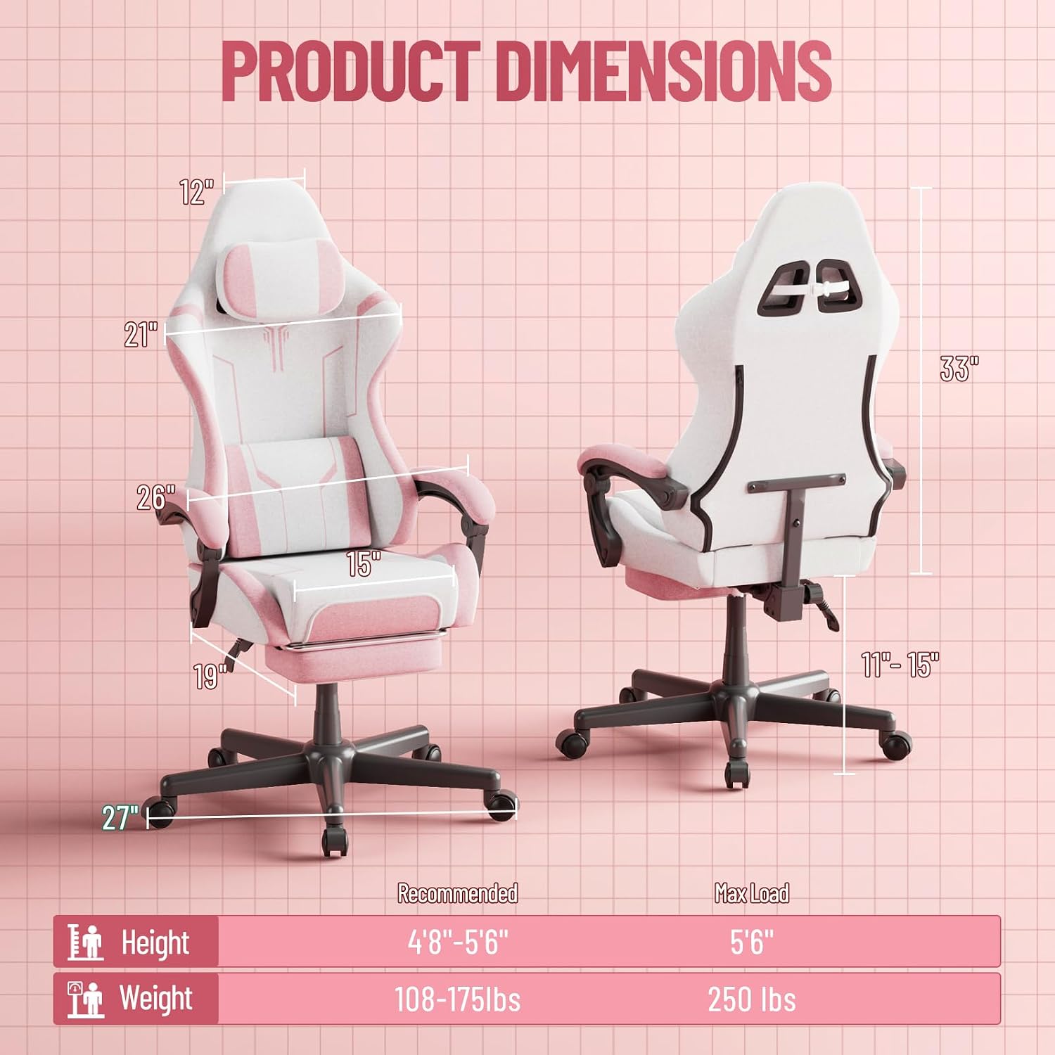 Soontrans Pink Gaming Chair Pink, Fabric Ergonomic Computer Chair with Footrest and Linkage Armrest for Adult, High Back Office Game Chair with Massage Lumbar Support