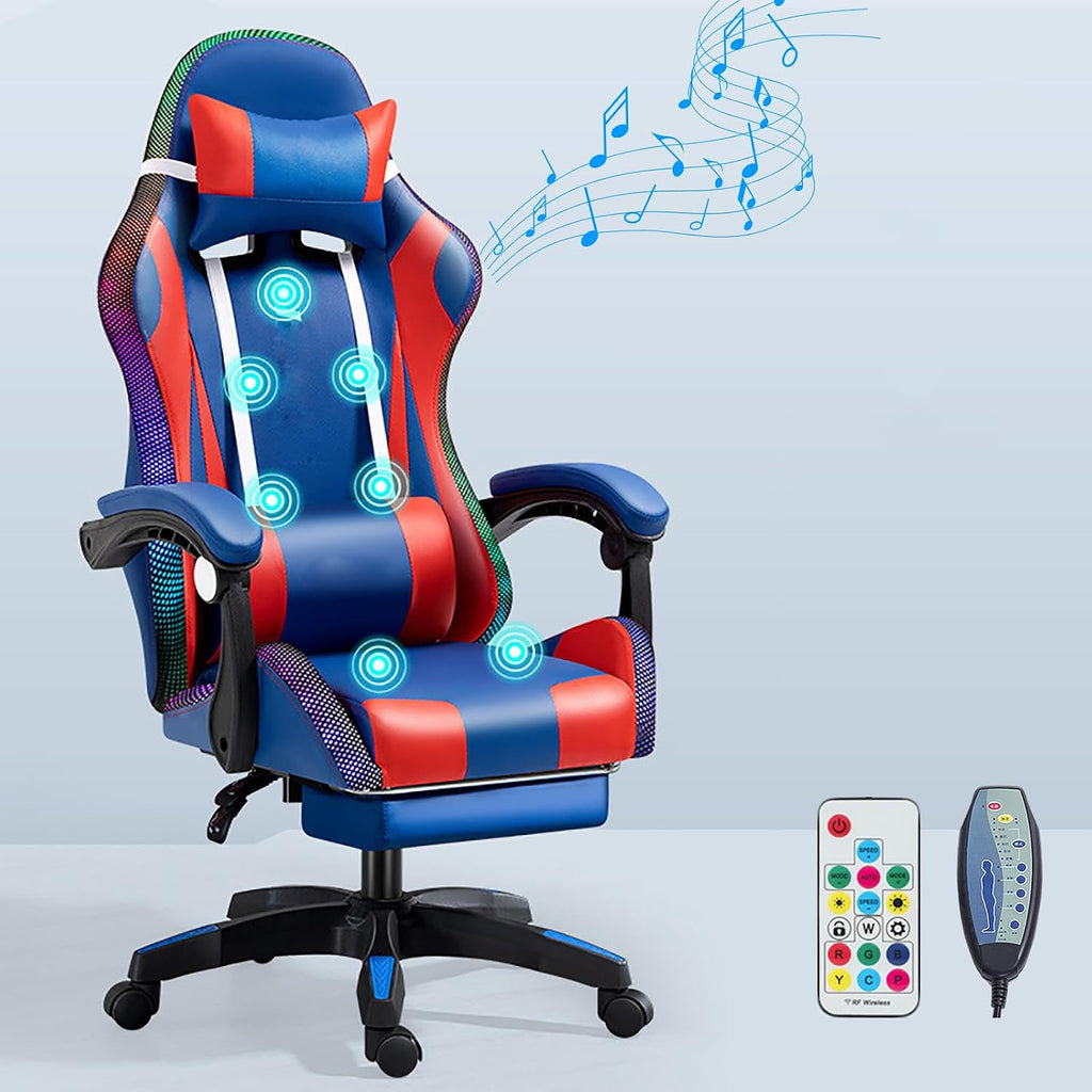 RGB Gaming Chair with Footrest Ergonomic Massage Computer Desk Chair Video Gaming Chair with Speakers Lumbar Support Height & Angles Adjustable Reclining Gamer Chair,Rgb/speaker/7 point massage
