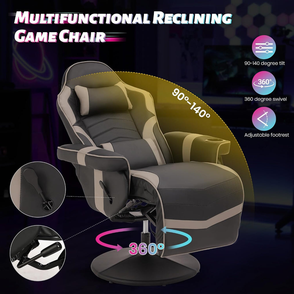 Game Reclining Chair with Adjustable Height, PU Gaming Chair with Massage, Long Footrest and Lumbar Support, High Back Swivel Computer Game Chair for Adult (Gray)