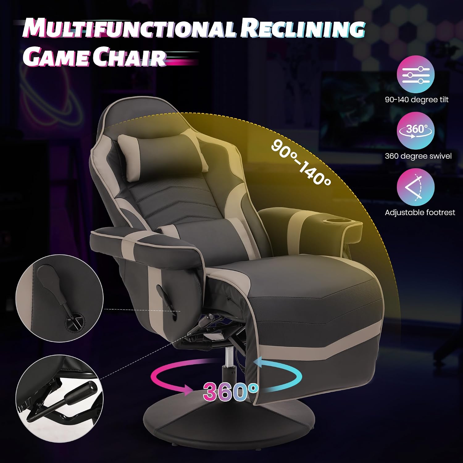 Game Reclining Chair with Adjustable Height, PU Gaming Chair with Massage, Long Footrest and Lumbar Support, High Back Swivel Computer Game Chair for Adult (Gray)