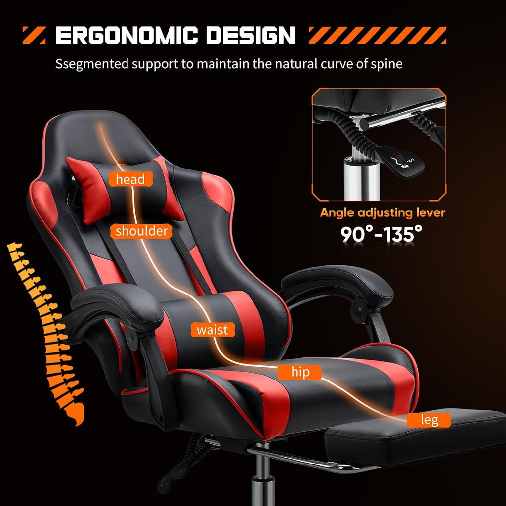 Sweetcrispy Computer Gaming Chair - Ergonomic High Back PU Leather Video Game Chair with Adjustable Headrest & Lumbar Support, Footrest, Racing for Office and Home, Red