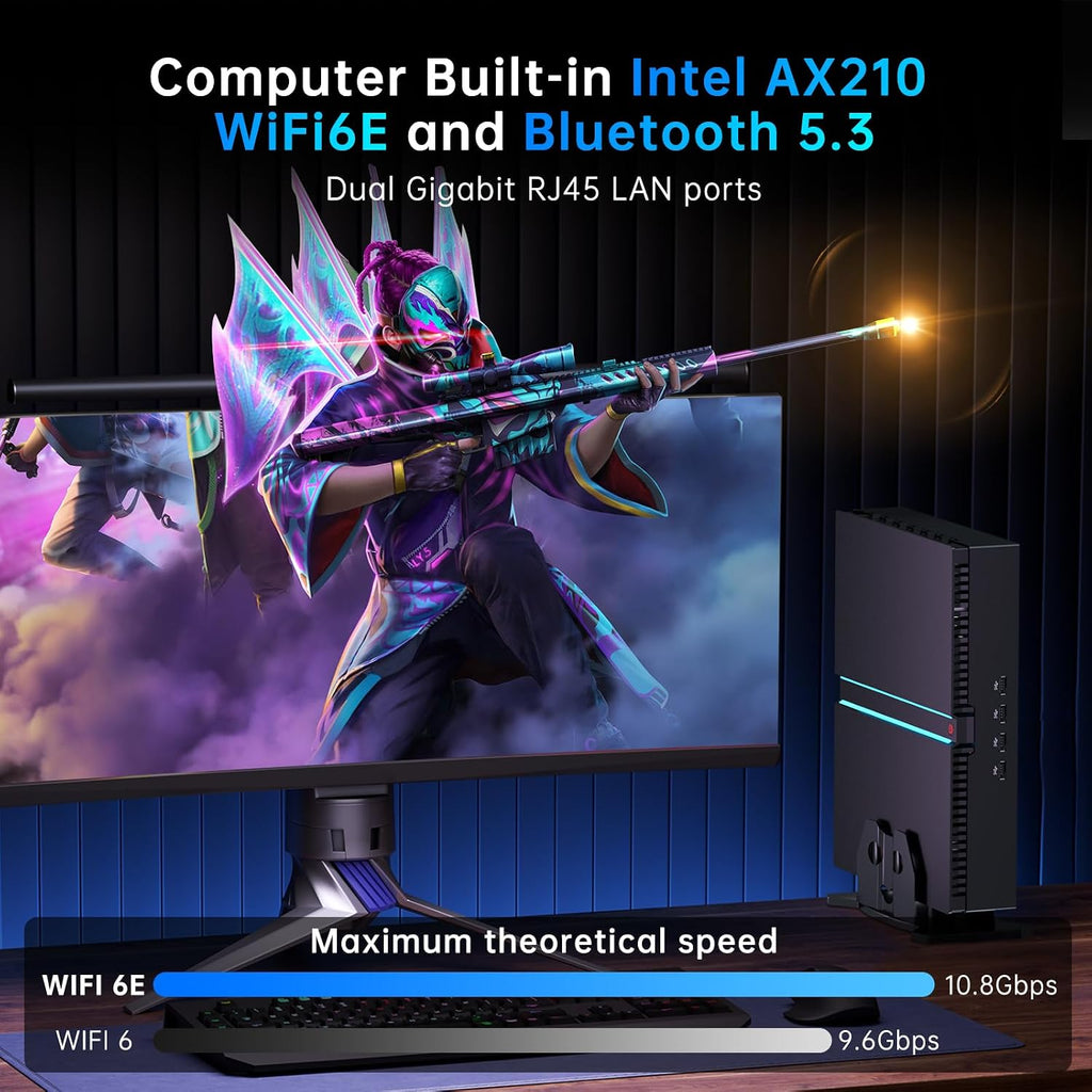 Mini PC Gaming, Desktop Computer i9-14900F 24 Cores Upto 5.8GHz, 32G DDR5, 1T M.2 PCIE4.0 SSD, Windows 11 Pro, GeForce RTX4070 12G, Four Display, 8K@60Hz Outputs, Dual LAN, WiFi6E/BT5.3