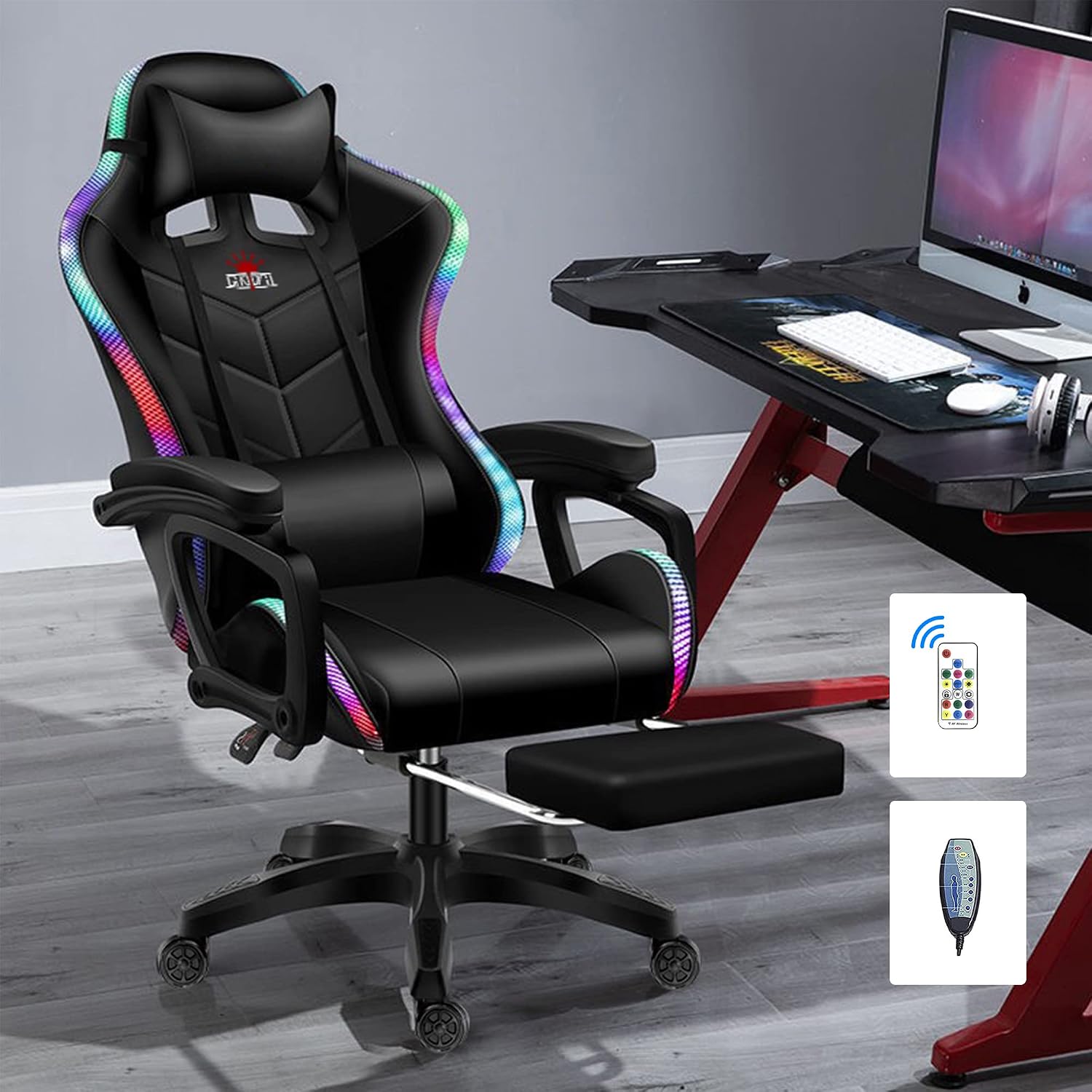 RGB Gaming Chair with Speakers and Massage, Racing Computer Chair with Massage and Footrest for Office or Gaming. (All Black)