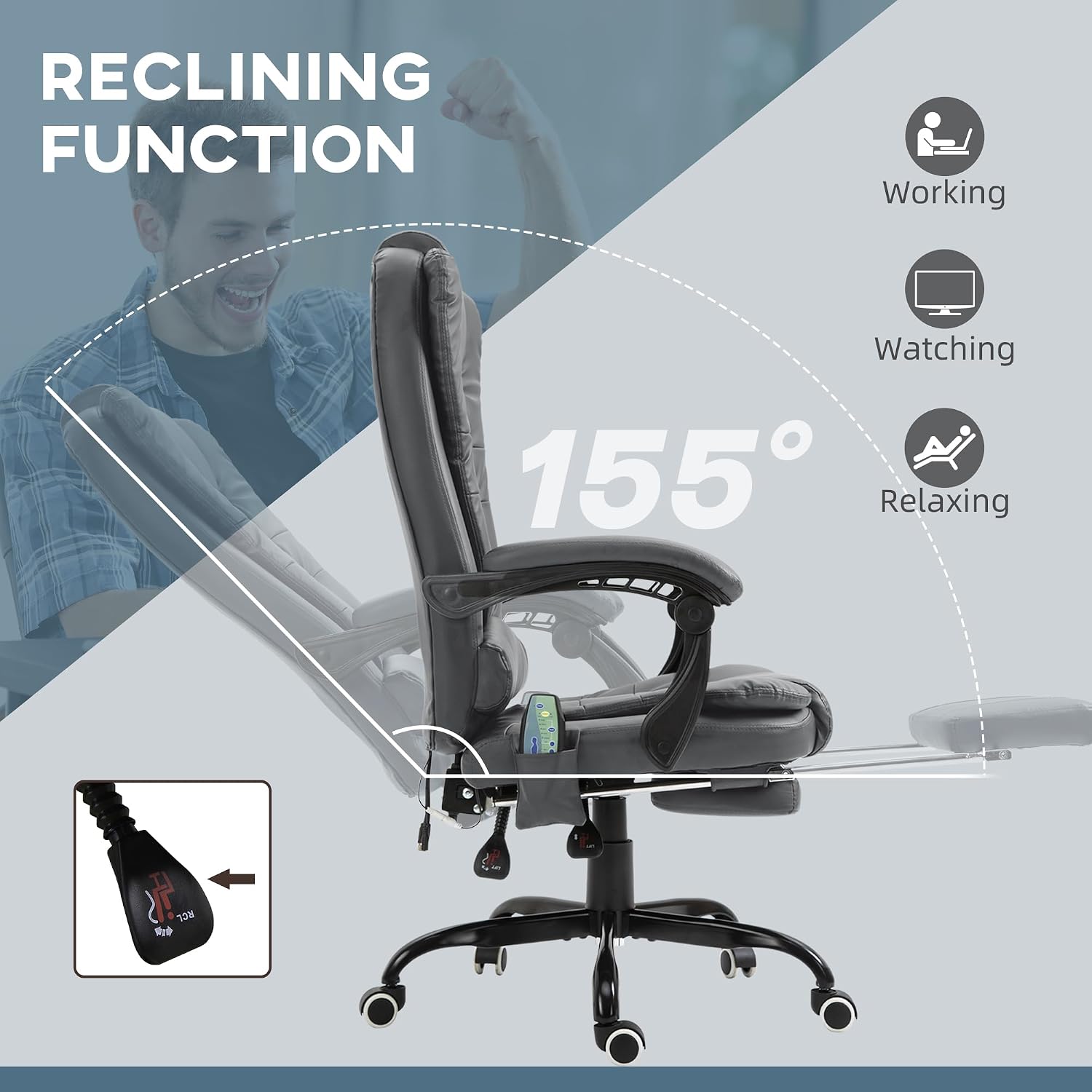 Vinsetto 7-Point Vibrating Massage Office Chair, High Back Computer Chair with Lumbar Support, Footrest, Reclining Back, Adjustable Height, Gray